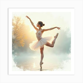 Ballet Dancer With Watercolor Misty Morning Backdrop 1 Art Print