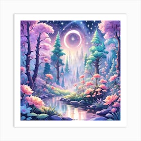 A Fantasy Forest With Twinkling Stars In Pastel Tone Square Composition 152 Art Print