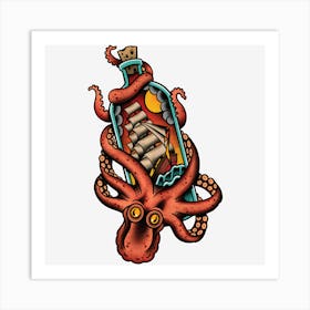 Octopus And Clipper Ship In Bottle, Old School Sailor Tattoo Art Print