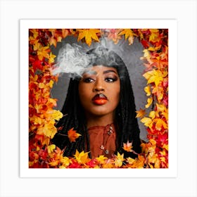 Black Woman With Peach Lips And Black Hair Surrounded By A Collage Of Red Orange And Yellow Autumn Art Print