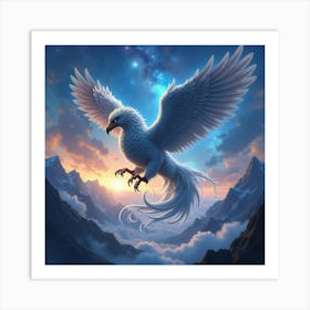 A Mythical Griffin With Feathers Of Swirling Galaxies Soaring Over A Dreamlike Mountain Range 1 Art Print