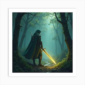 An Elven Warrior Wielding A Glowing Sword In An Ancient Forest 1 Art Print