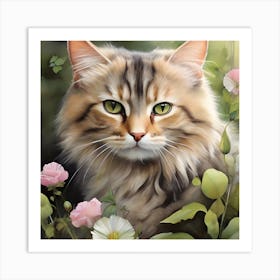 Cat In Flowers 1 Art Print