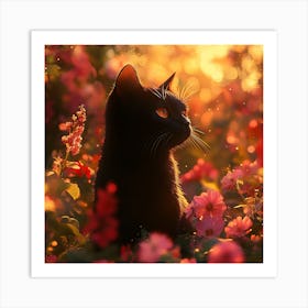 Black Cat in a Floral Sunset Garden 4 Art Print