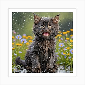 Black Kitten In The Rain Art Print