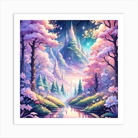 A Fantasy Forest With Twinkling Stars In Pastel Tone Square Composition 154 Art Print