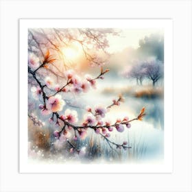 Cherry Blossom Close-Up: Misty Morning Magic Over a Fall Pond - Watercolor by Alison Brady in Soft Pastel Colors with Sunlit SAI Reflections. Art Print
