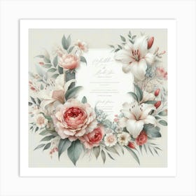 An illustration of a wedding invitation with a beautiful floral frame of watercolor lilies, roses, and other flowers in soft pastel colors with a blank space for text in the middle. Art Print