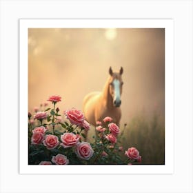 Horse In A Field Of Roses Art Print