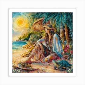 Woman Sitting On The Beach Art Print