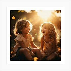 Two Little Girls Playing In The Autumn Leaves Art Print