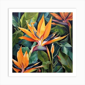 Flower Motif Painting Bird Of Paradise Art Print Art Print