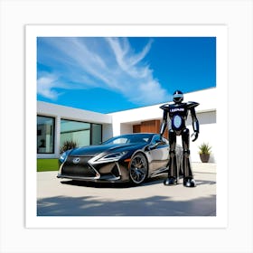 A Sleek Charcoal Grey Lexus Sports Car Is Parked In Front Of A Beautiful Modern House Guarded By A Futuristic Robot 3 Art Print