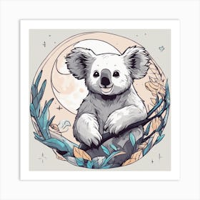 Sticker Art Design, Koala Howling To A Full Moon, Kawaii Illustration, White Background, Flat Colors Art Print