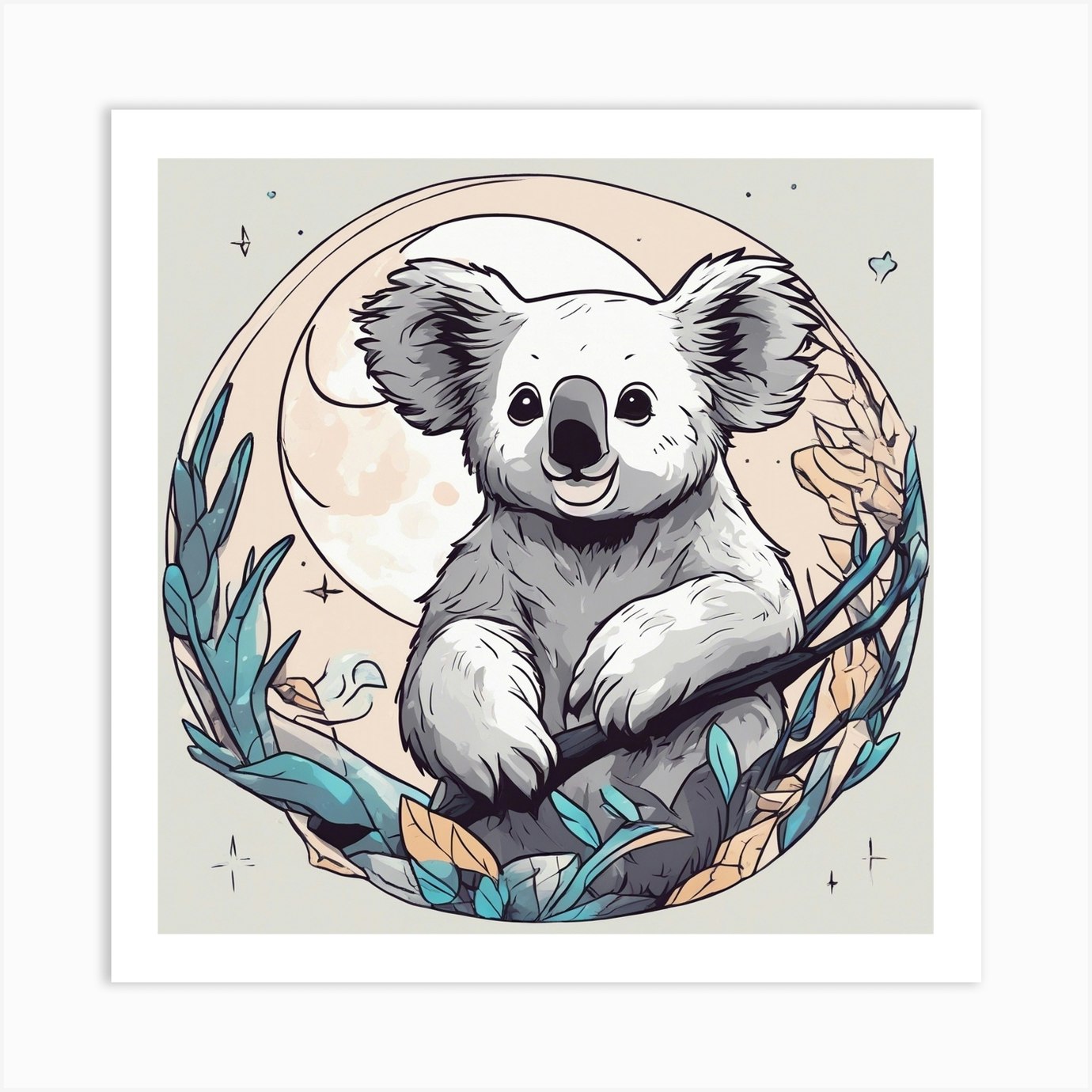 Sticker Art Design, Koala Howling To A Full Moon, Kawaii