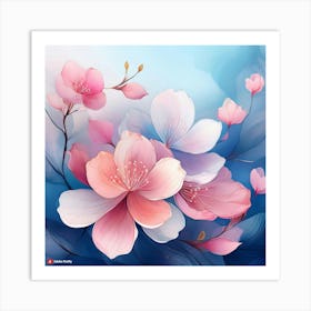 Firefly Abstract Cherry Blossom Petals In Watercolor Style, Floating Gently On A Misty Blue Backgrou (2) Art Print