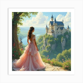 Elegant Woman In Watercolor Dress, Majestic Castle View 1 Art Print