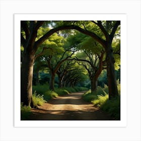 A Winding Forest Path Lined With Ancient, Majestic Green Trees, Their Branches Forming A Natural Archway Overhead Art Print