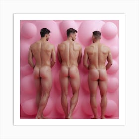Three Nude Men In Pink 1, three butts  on pink Art Print