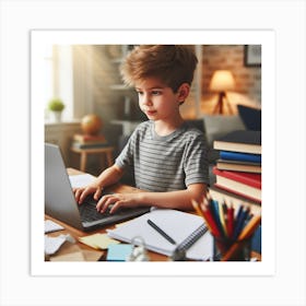 Boy Working On Laptop At Home 1 Art Print