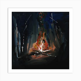 Campfire Impression dark night forest black fire comfort painting acrylic  Art Print