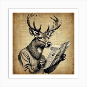 Deer Reading Newspaper 1 Art Print