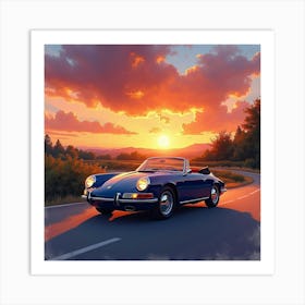 Elegant Roadster Against A Dramatic Sunset, Watercolor Painting 1 Art Print