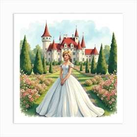 Elegant Princess Diana In A Watercolor Castle Garden Scene 1 Art Print