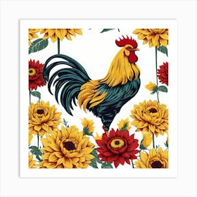 Rooster With Chrysanthemums, Yellow, Blue and Red Art Print