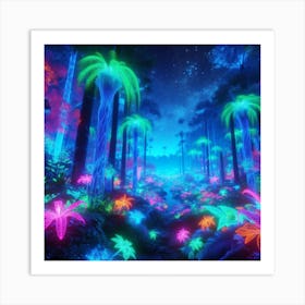 A surreal, bioluminescent jungle where towering, neon-hued flora and fauna create a vibrant, psychedelic ecosystem under a starlit canopy. Art Print