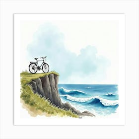 Elegant Bike On A Coastal Cliff With Crashing Waves Watercolor 1 Art Print