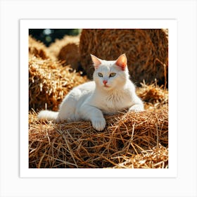 White Cat On Hay 1 Art Print