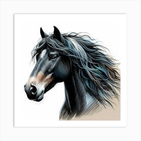 Black Horse Head Portrait Drawing Art Print