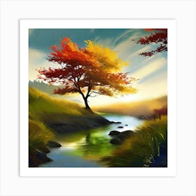 Autumn Tree By The River Art Print