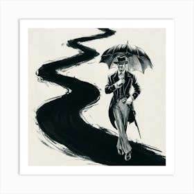 ine path. The man is dressed in a vintage ensemble, holding onto an old-fashioned umbrella. The path is shrouded in complete darkness, with only the faint silhouette of the man and the subtle outlines of the winding path visible. The ink lines are bold and dramatic, creating an atmosphere of mystery and suspense... Art Print