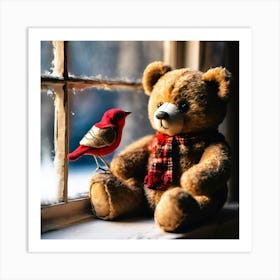 Teddy Bear And Bird Art Print