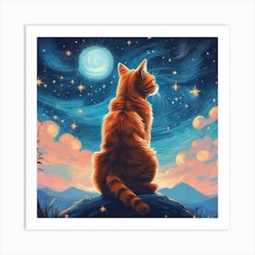 cat looking at the moon 1 Art Print