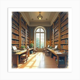 Watercolor Of A French Library With Grand Architecture And Antique Books 1 Art Print