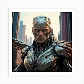 Firefly Robot, Futuristic, Superhero, Steel Wings, Damaged, Human Face, Realistic, City, Cybernetic, (1) Art Print