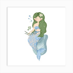 Green hair cute mermaid illustration Art Print