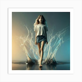 Girl Walking In Water Art Print