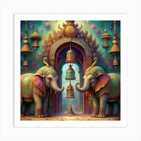 Two Ornate Elephants Under A Colorful Archway 1 Art Print