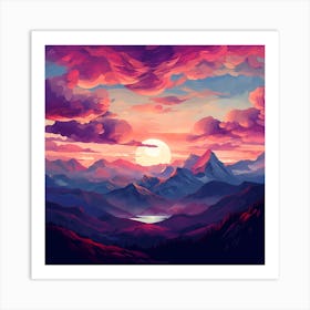 Pink Fluffy Clouds Over Setting Sun Art Print