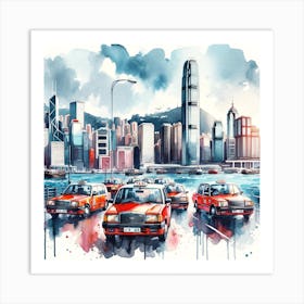 Hong Kong Red Taxis Watercolor Art Print