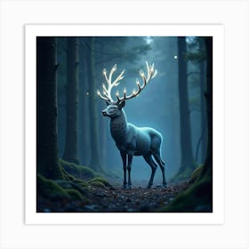 A Majestic Deer With Antlers Of Glowing Crystal Standing In A Dreamlike Forest Art Print