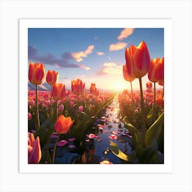 Avfield Of Tulips Blooming As Far As You Can See Many Colours Landscape Art Print