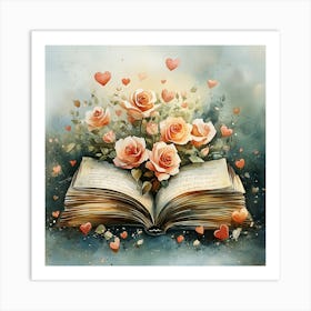 Watercolor Romantic Book Roses Hearts 9 Art Print