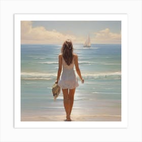 Woman Walking On The Beach Art Print