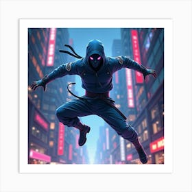 Cyber Ninja Leaping Through A Futuristic City Under Neon Lights, Watercolor 1 Art Print