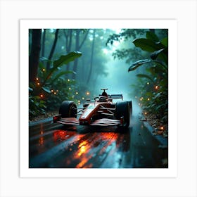 Formula Car Speeding Through A Dense Cyber Jungle With Glowing Plants Around 1 Art Print